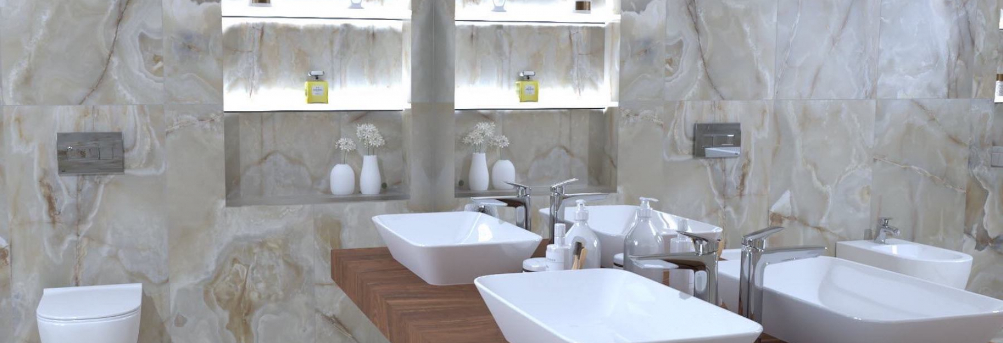Vizualizace koupelny s velkoformátovou dlažbou Onyx&More
