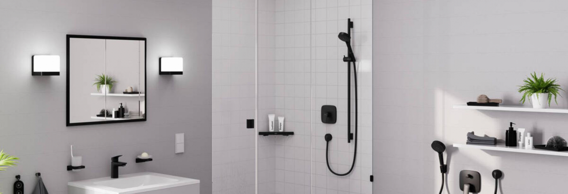 Koupelna s černými vodovodními bateriemi Logis od Hansgrohe