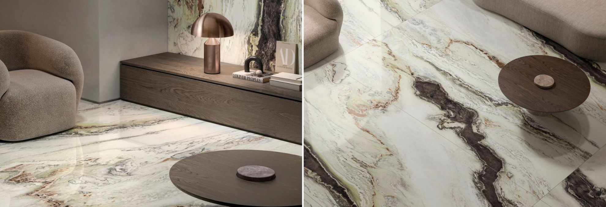 Luxusní obývací pokoj s dlažbou a obkladem Marmi Maxfine od FMG