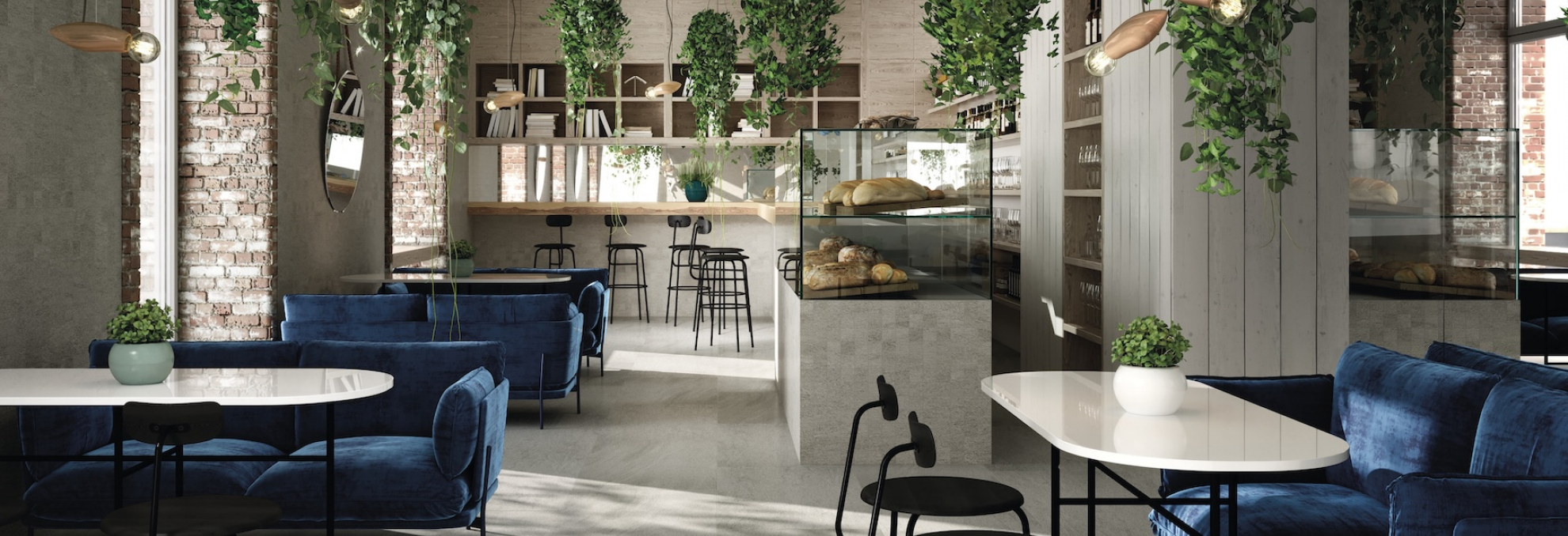 Moderní kavárna s dlažbou a obkladem Quarzite od FMG