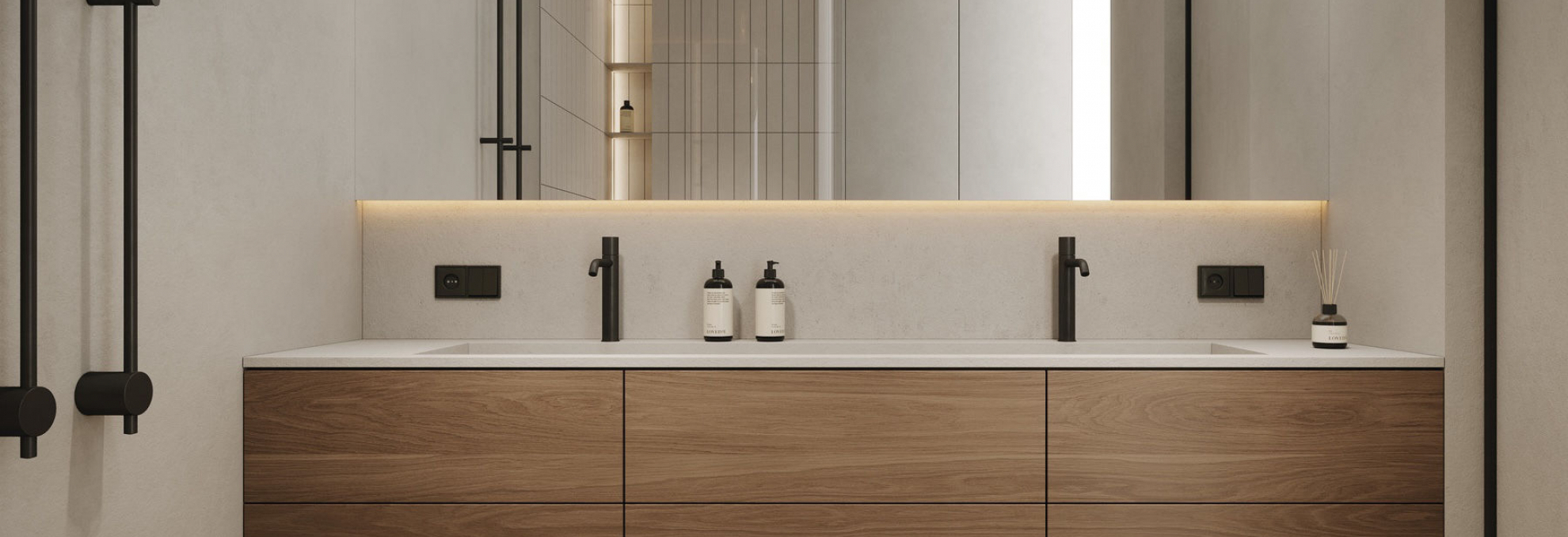 Koupelna s keramickou dlažbou v designu dřeva E-wood