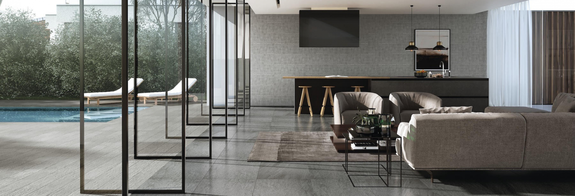 Obývací pokoj s dlažbou Quarzite od FMG v designu Antracite