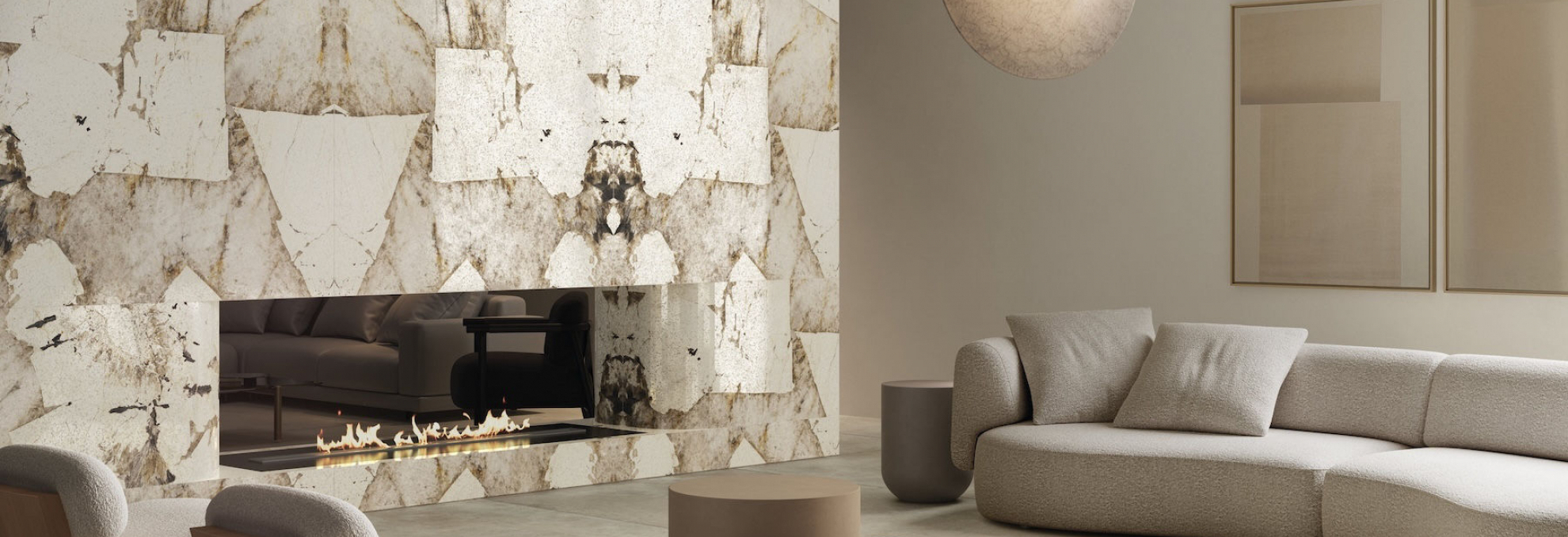 Obložení krbu dlažbou Marmi Maxfine od FMG v obývacím pokoji