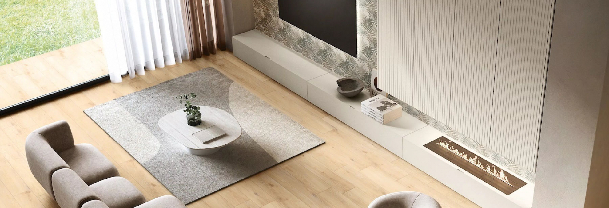 Obývací pokoj s dlažbou v designu dřeva Oaky Life od Florim