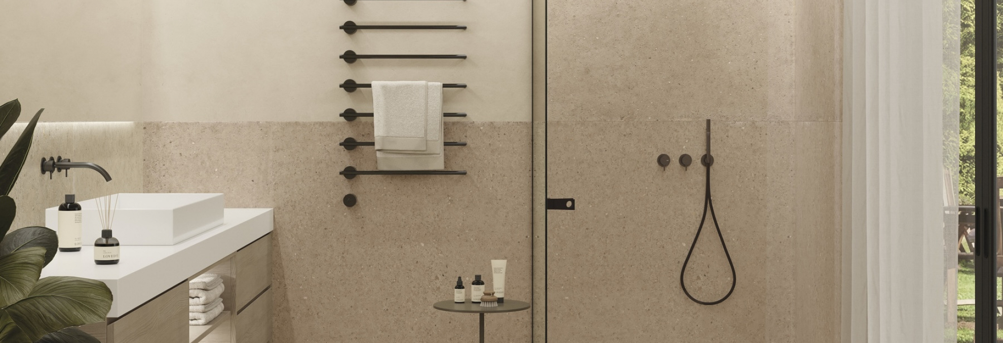 Koupelna a interiér s dlažbou Whole Stone od Iris v designu Stone Sand
