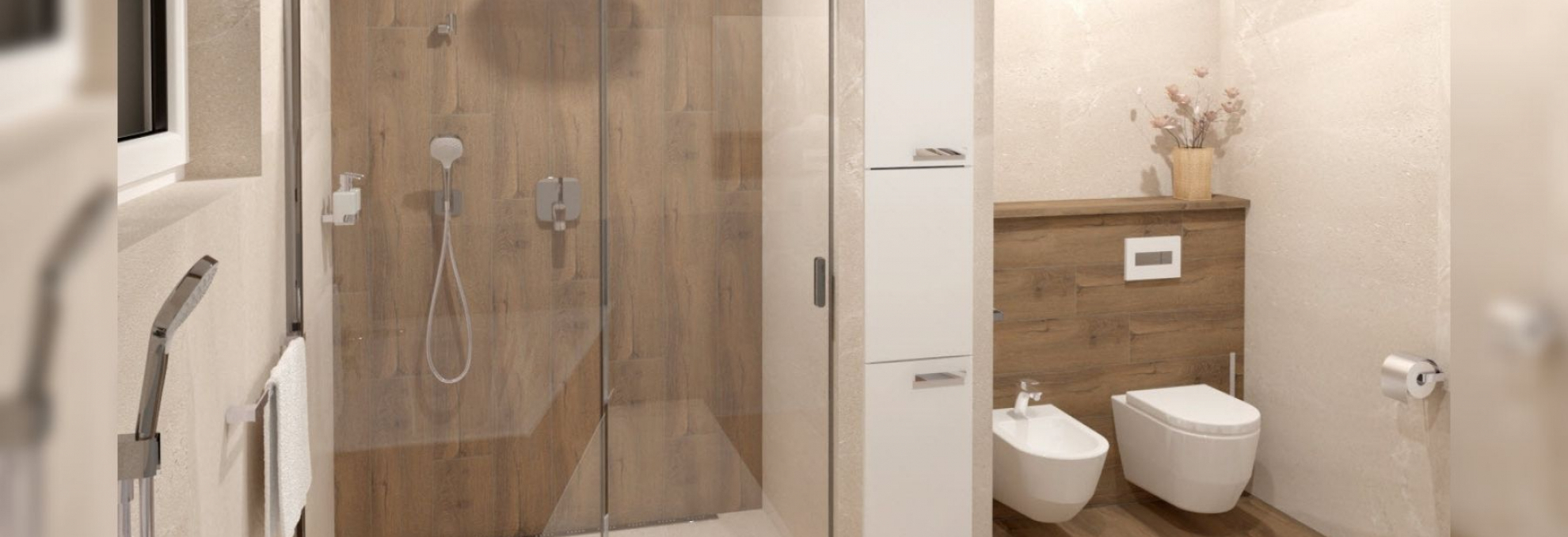 Koupelna s obkladem a dlažbou Planches v designu dřeva