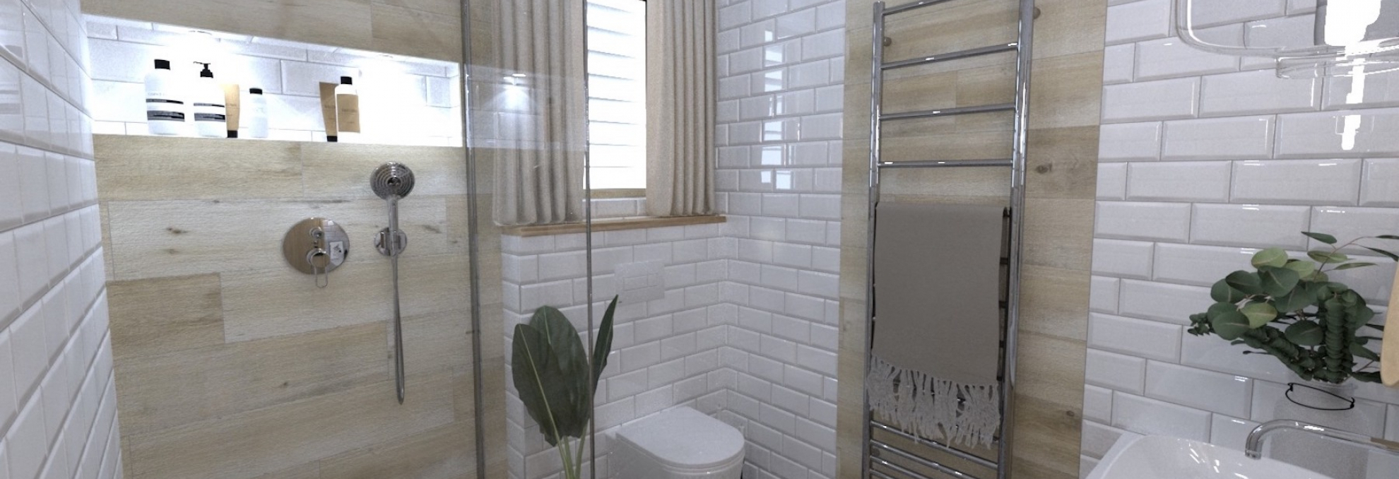 Vizualizace koupelny s bílým obkladem Marmi 3.0 a sérií v designu dřeva Saloon