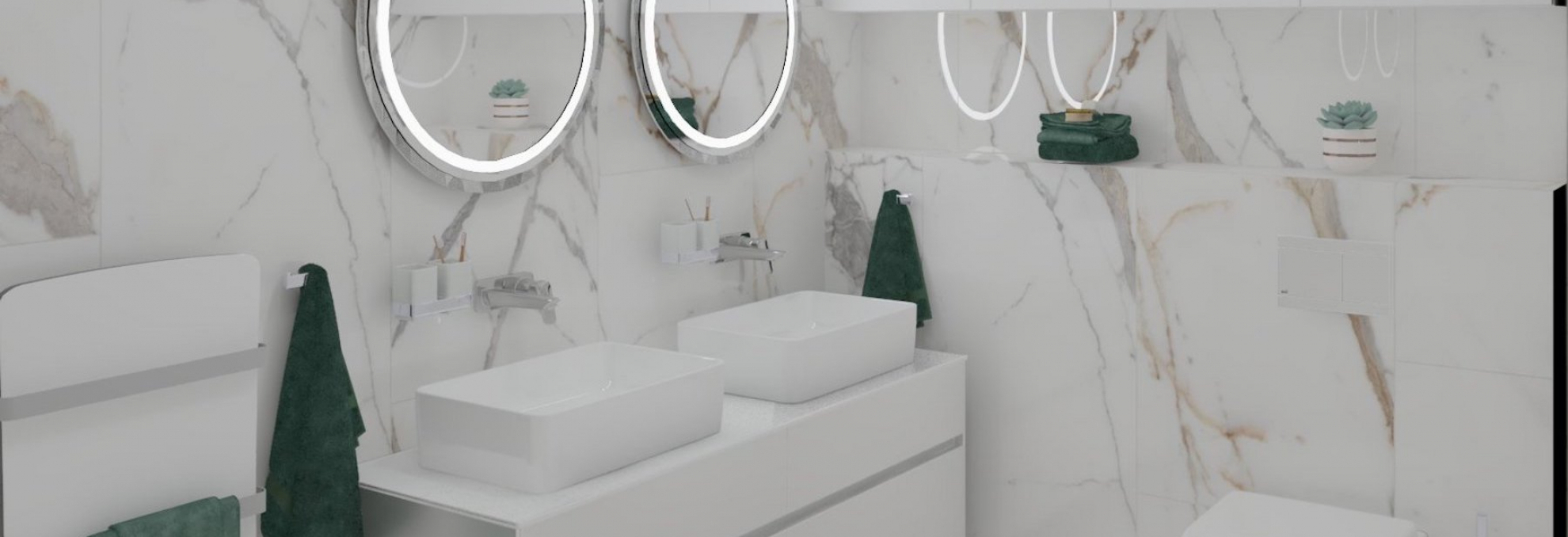 Vizualizace koupelny v designu bílého mramoru Les Origines
