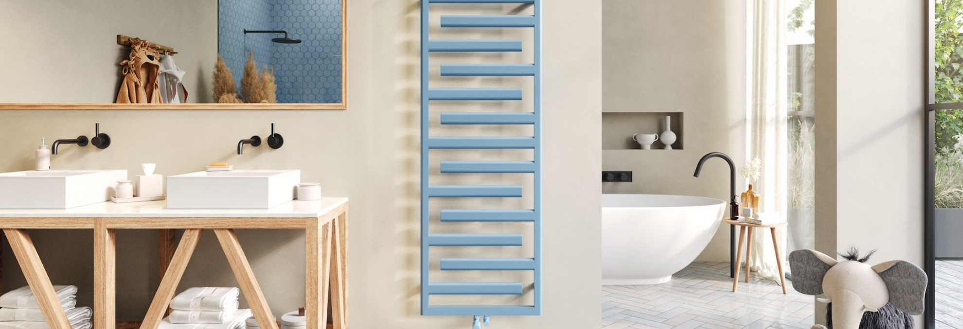 Designový radiátor Zehnder Tetris v moderní koupelně