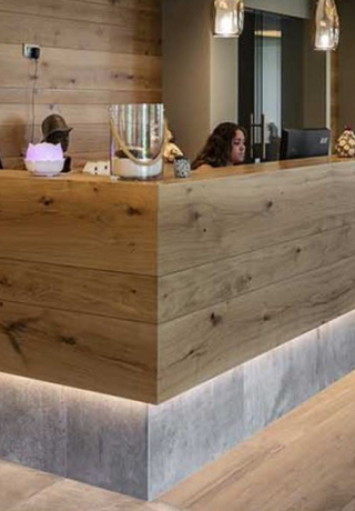 Lobby, restaurace a sociální zařízení v horském hotelu