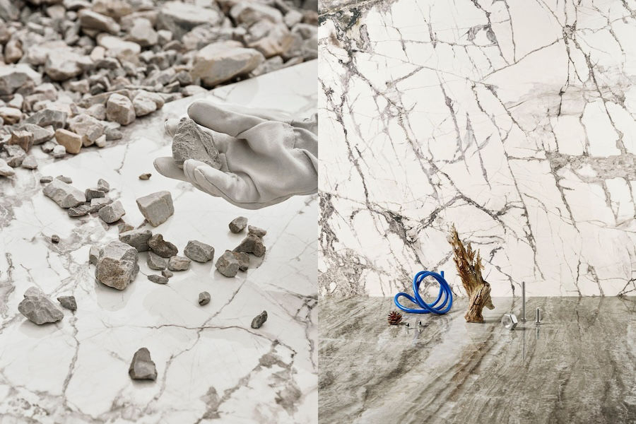 Dlažba s modro-šedým a bílým zbarvením Calacatta Grey Maxfine