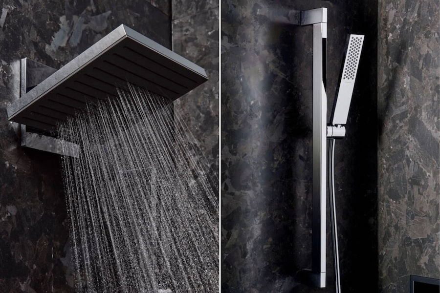 Hranatá sprcha Pulsify E od Hansgrohe ve sprchovém koutě