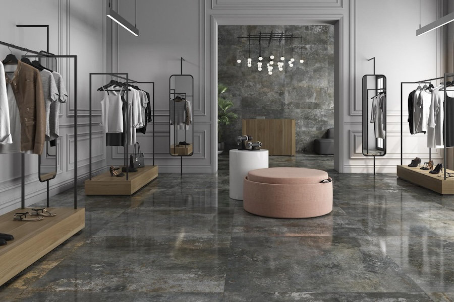 Obchod s obkladem a dlažbou Rusty Metal v industriálním stylu