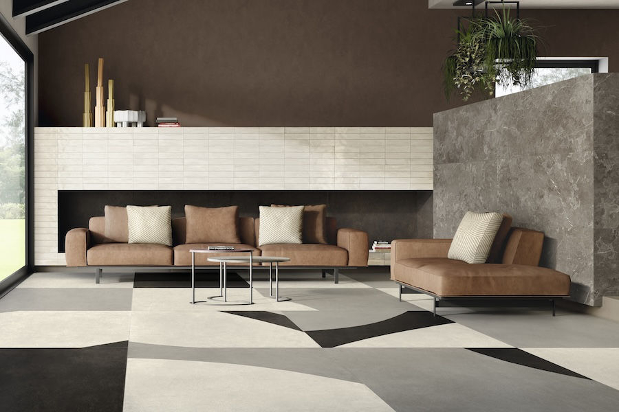 Keramická dlažba Elementi Terra od Iris v obývacím pokoji