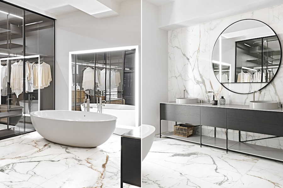 Koupelna s keramickou dlažbou a obkladem v designu mramoru Les Origines