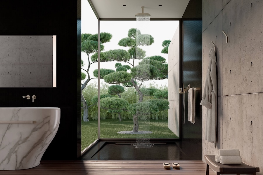 Koupelna v japonském stylu s kolekcí vodovodních baterií AXOR Citterio C