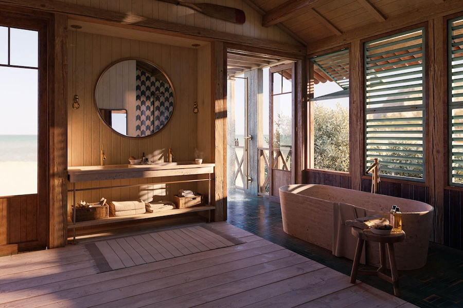 Koupelna s vodovodními bateriemi AXOR Starck a přírodními materiály