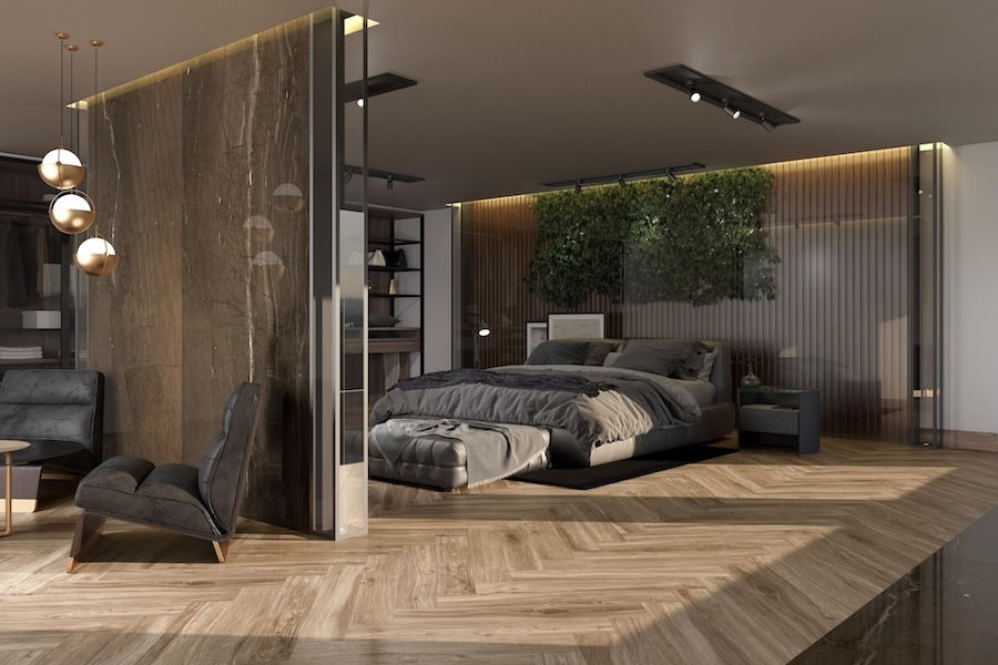 Ložnice s keramickou dlažbou Wood RO od La Futura