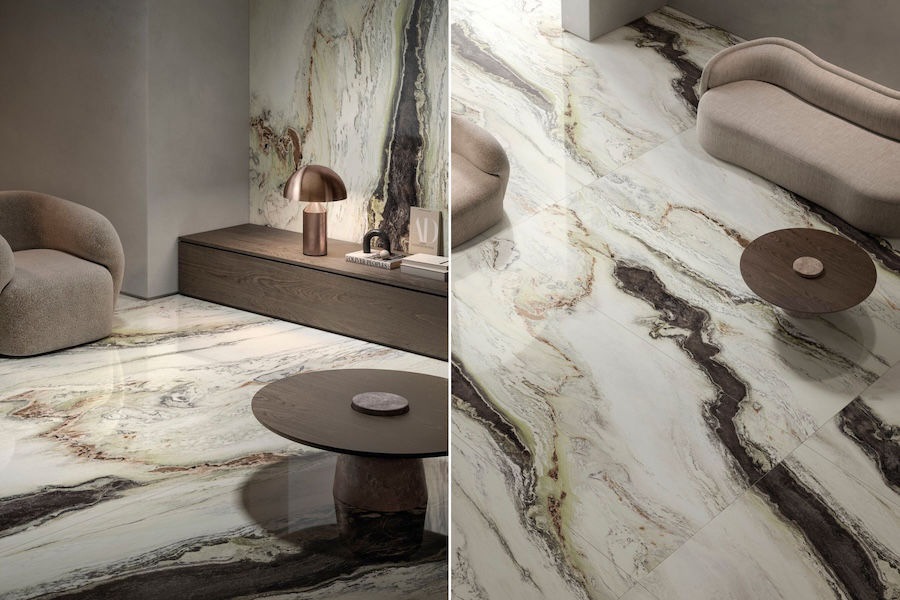 Luxusní obývací pokoj s dlažbou a obkladem Marmi Maxfine od FMG