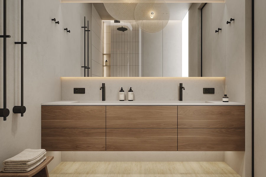 Koupelna s keramickou dlažbou v designu dřeva E-wood