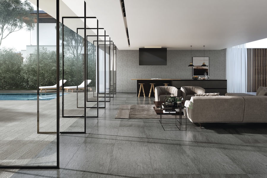 Obývací pokoj s dlažbou Quarzite od FMG v designu Antracite