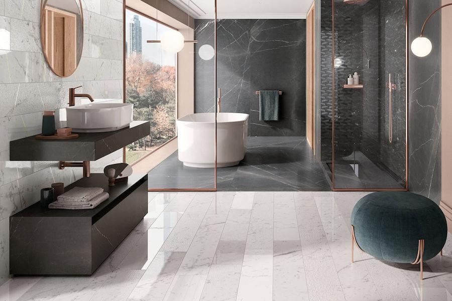 Interiér s obkladem a dlažbou v designu mramoru Lux Experience