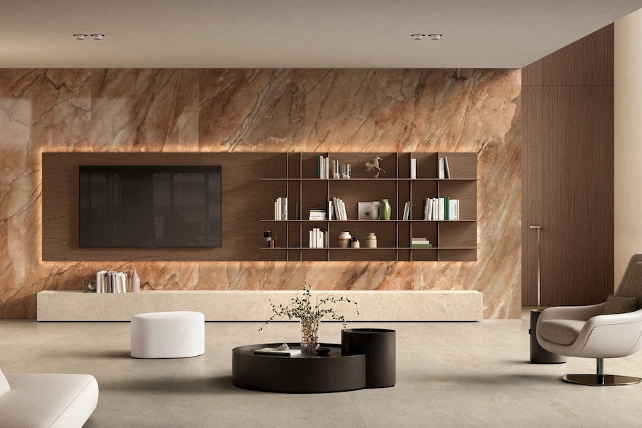 Obývací pokoj s dlažbou a obkladem Authentic Luxe