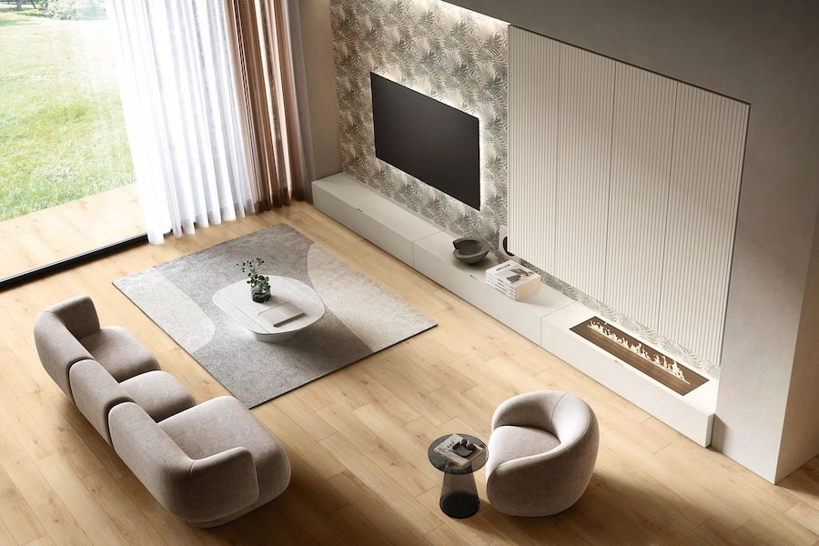Obývací pokoj s dlažbou v designu dřeva Oaky Life od Florim
