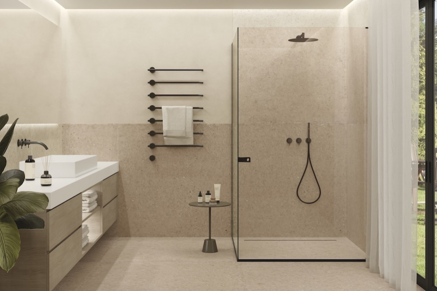 Koupelna a interiér s dlažbou Whole Stone od Iris v designu Stone Sand