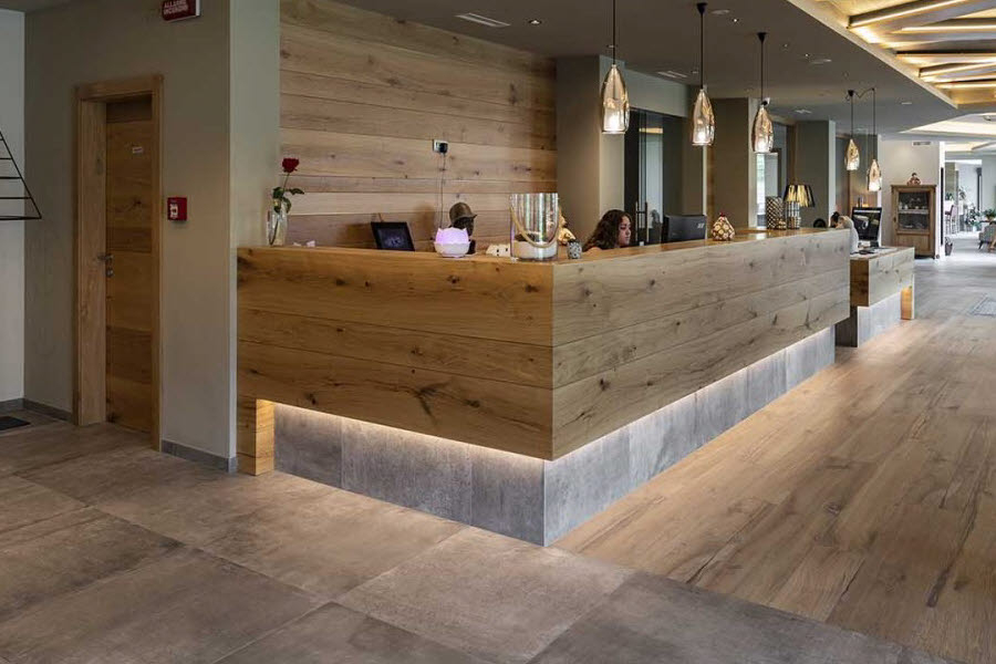 Lobby, restaurace a sociální zařízení v horském hotelu