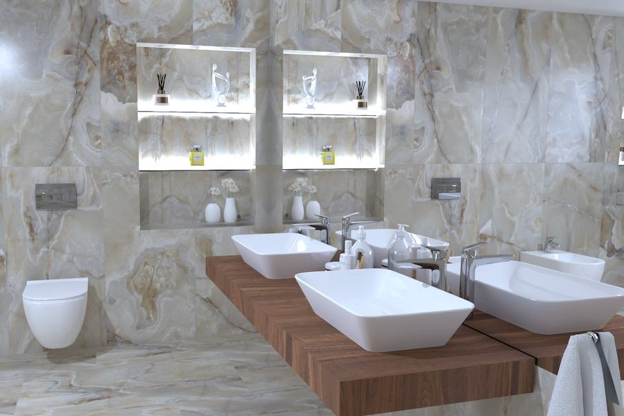 Vizualizace koupelny s velkoformátovou dlažbou Onyx&More