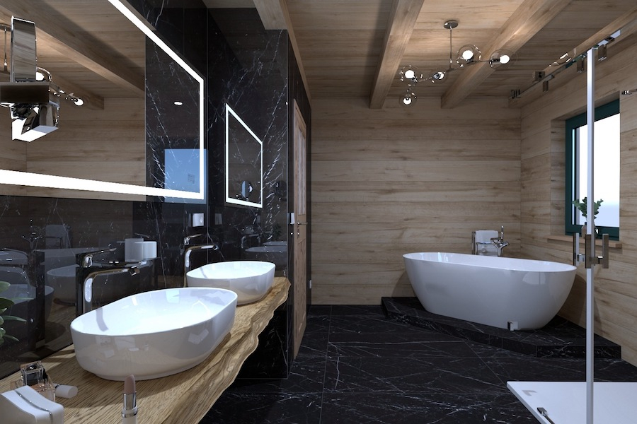 Koupelna v roubence ze série Planches de Rex a Black Marble