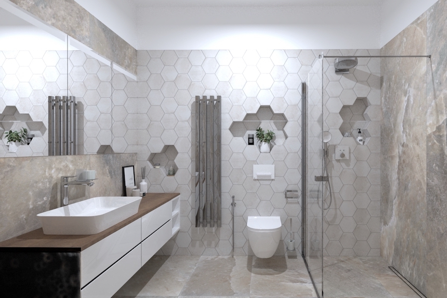 Vizualizace koupelny s dlažbou Rock Salt a hexagonem Ermés Vintage+