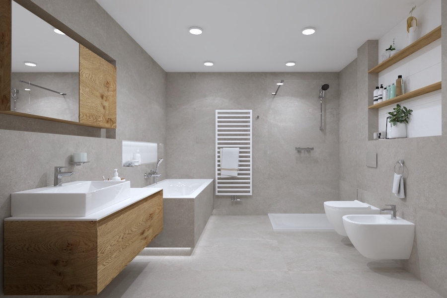 Koupelna s dlažbou Elemental Stone v neutrálním odstínu