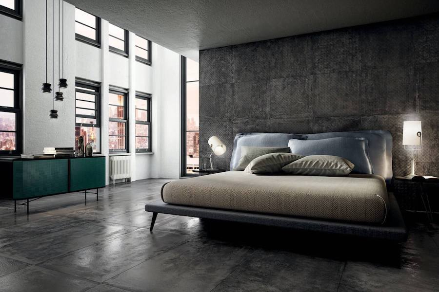 Ložnice v industriálním stylu s obkladem a dlažbou Stage