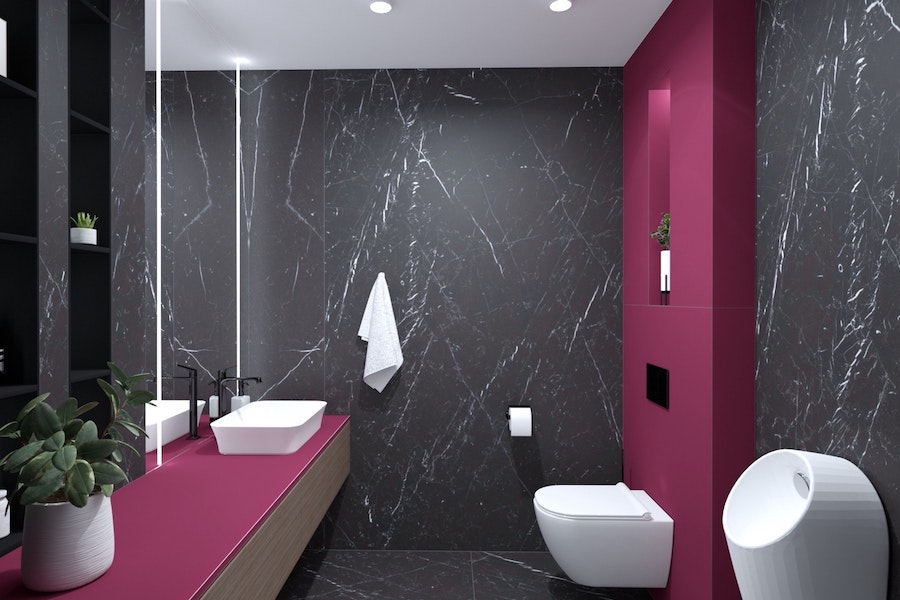 Kombinace sérií Black Marble a Crayons ve vizualizaci koupelny