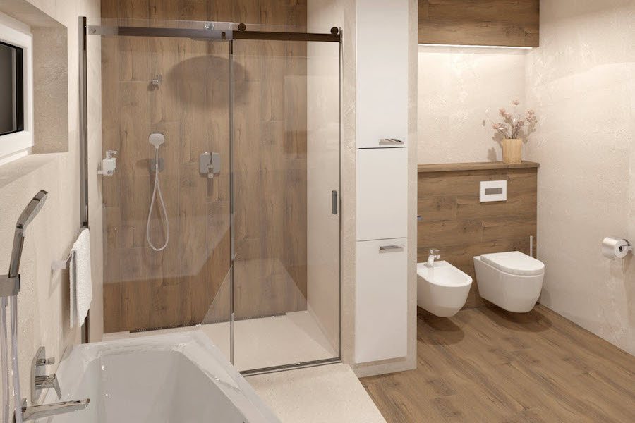 Koupelna s obkladem a dlažbou Planches v designu dřeva