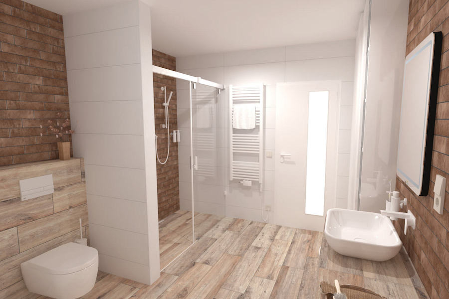Vizualizace koupelny v designu dřeva Planches de Rex