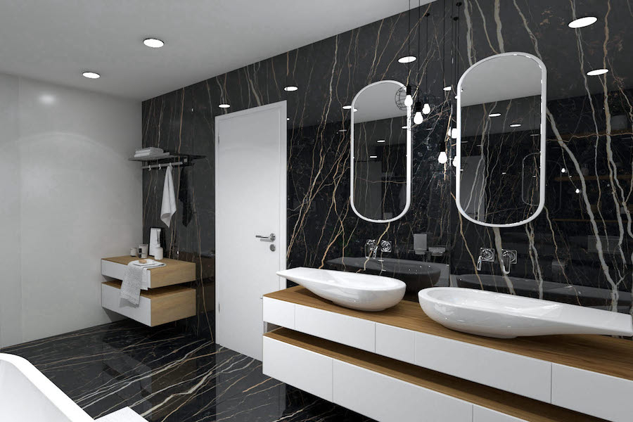 Vizualizace koupelny v designu černého mramoru Prexious of Rex