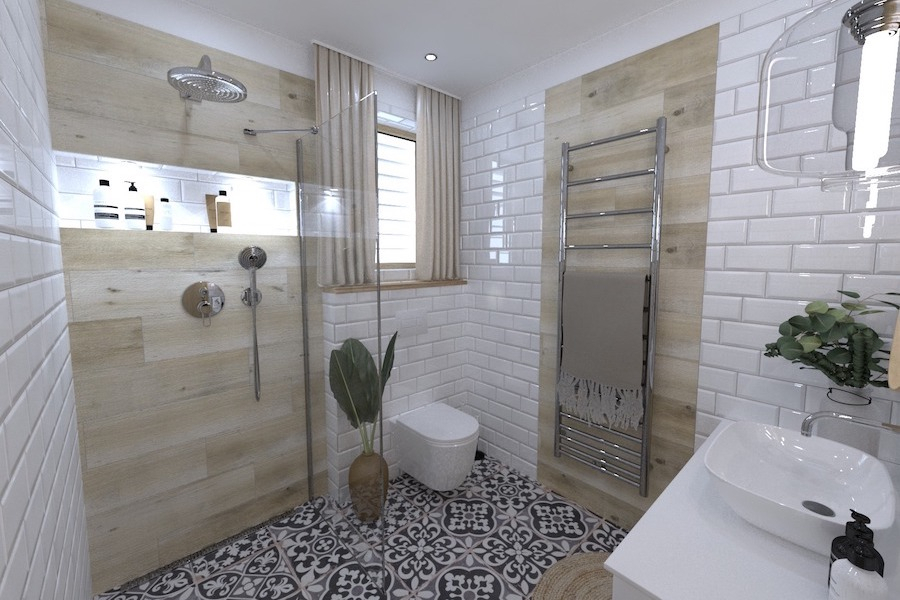 Vizualizace koupelny s bílým obkladem Marmi 3.0 a sérií v designu dřeva Saloon