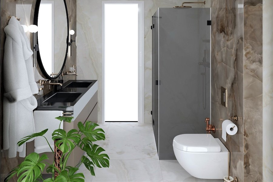 Vizualizace koupelny s obkladem Rêves de Rex a umyvadlem Milano Doppio