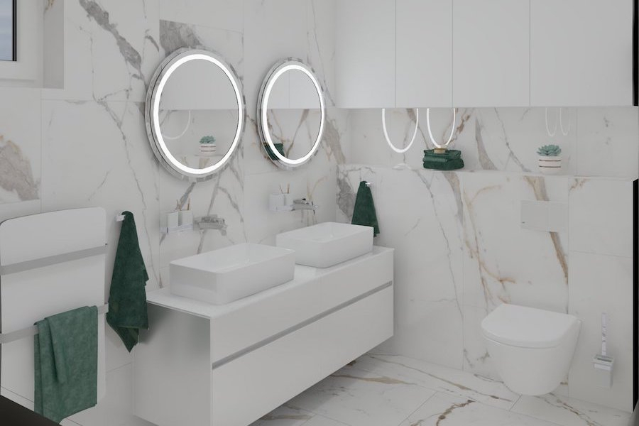 Vizualizace koupelny v designu bílého mramoru Les Origines