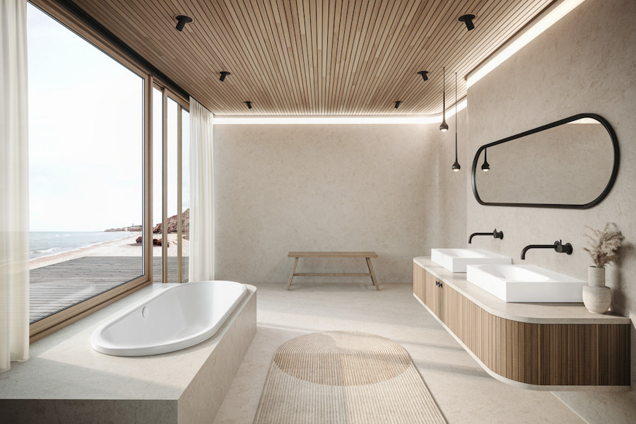 Elegantní koupelna v neutrálních tónech s vybavením Kaldewei