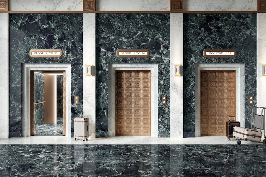 Obložení výtahů a dlažba FMG Marmi v hotelu