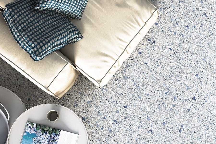 Obývací pokoj s dlažbou Venice Villa v modrém designu