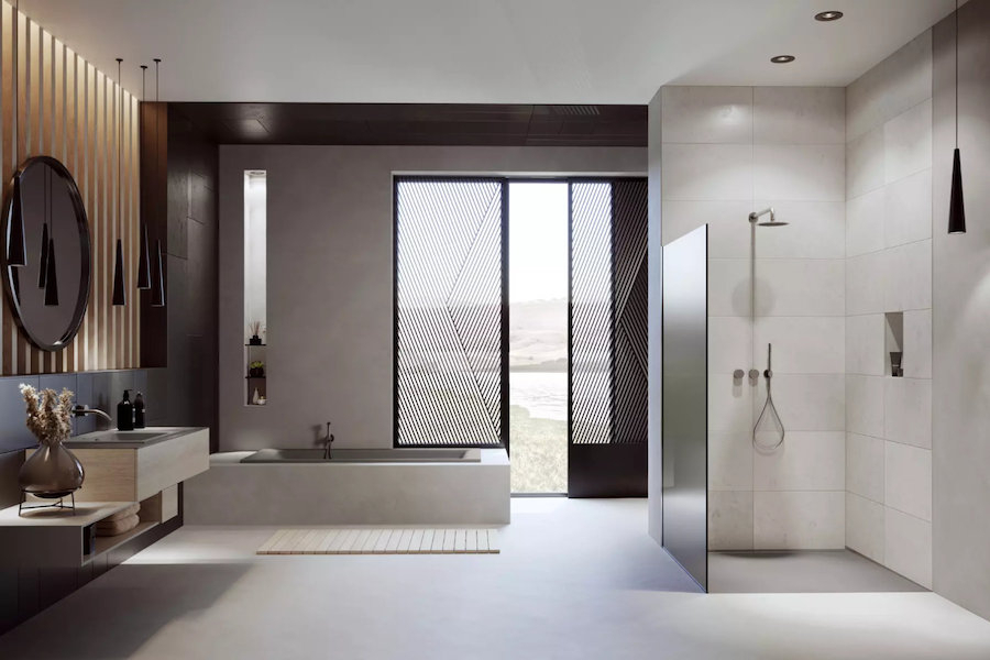 Elegantní koupelna v tlumených barvách a s produkty od Kaldewei