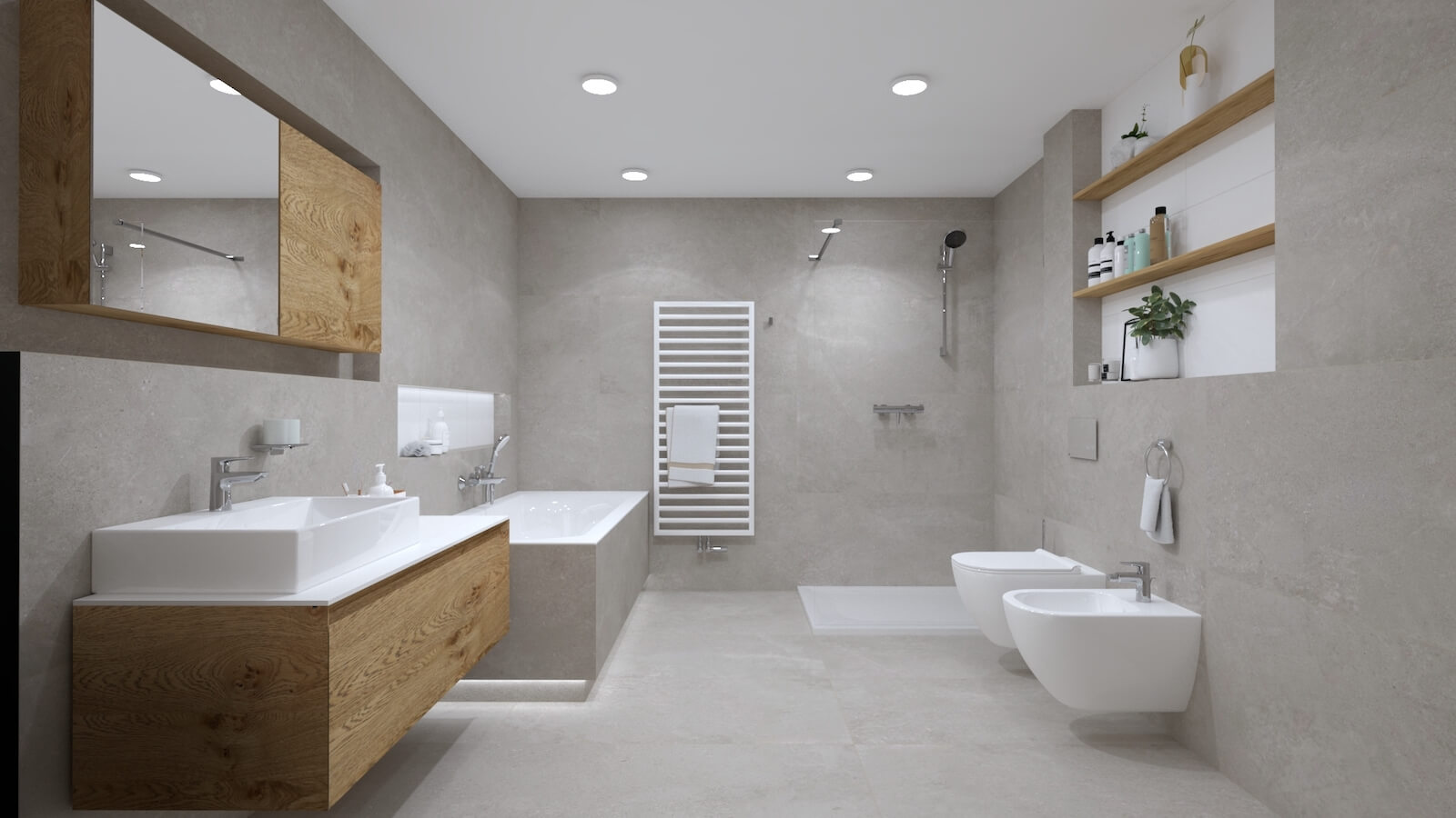 Koupelna s dlažbou Elemental Stone, podsvícenou vanou a další sanitární keramikou