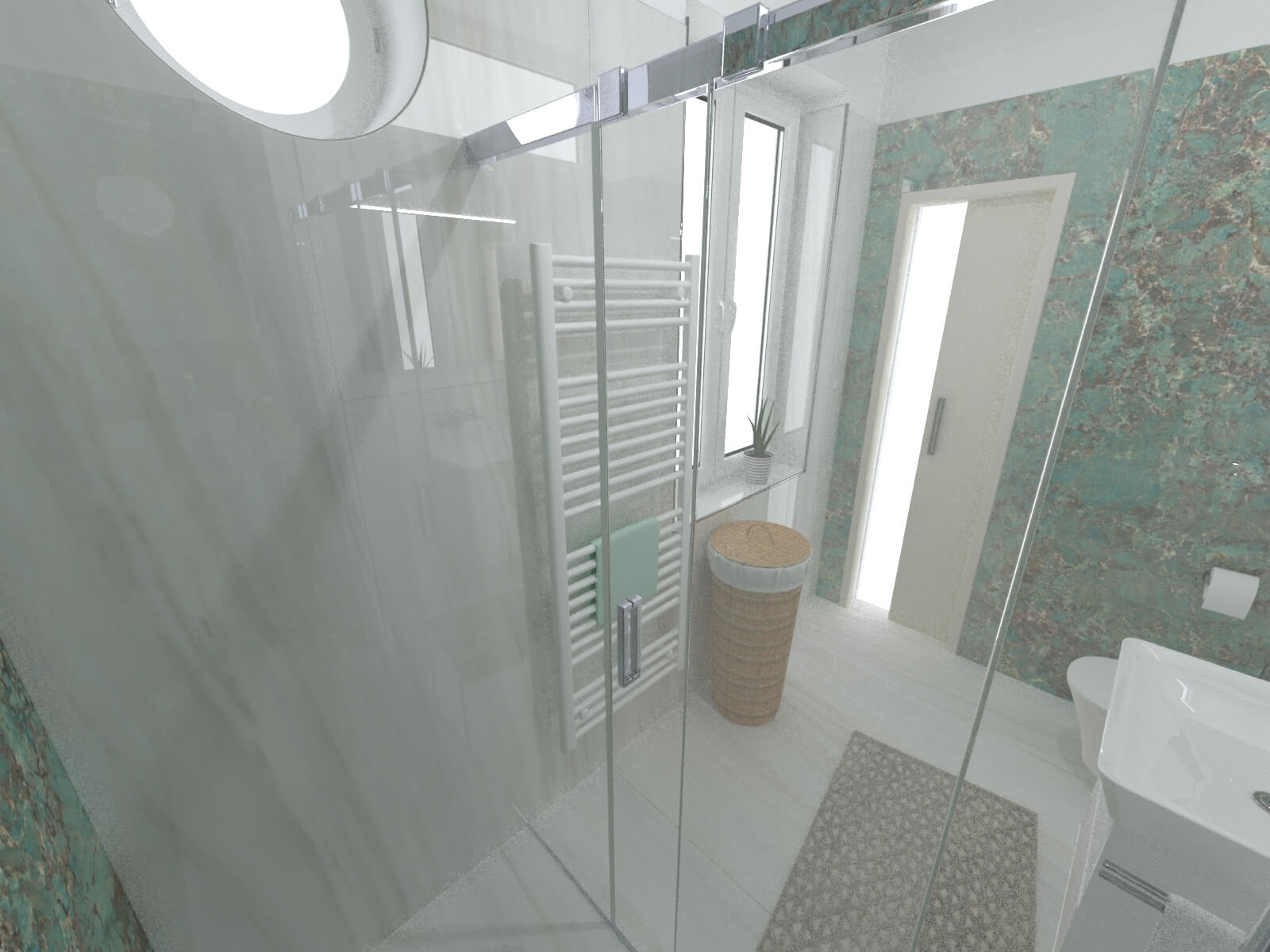 Koupelna s obklady Étoile a Les Origines a designovým radiátorem