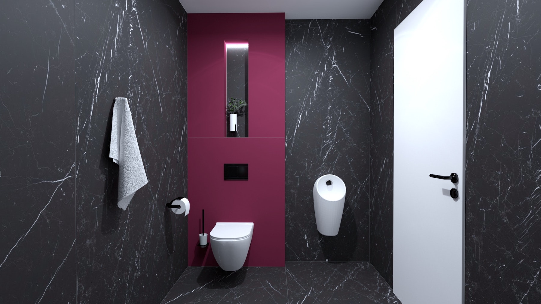 Kombinace sérií Black Marble a Crayons ve vizualizaci koupelny