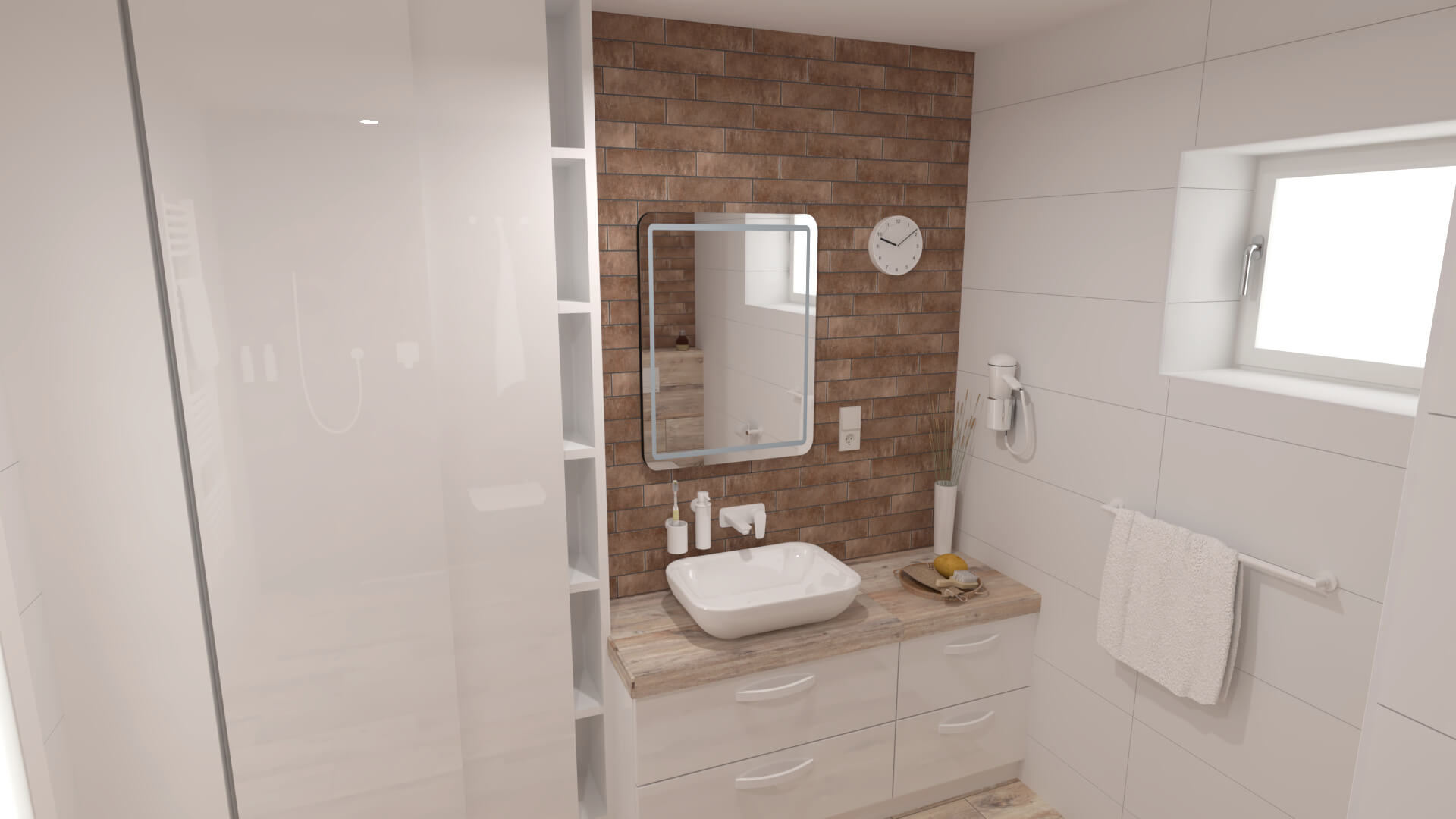 Vizualizace koupelny s keramickým obkladem Planches de Rex a Brick